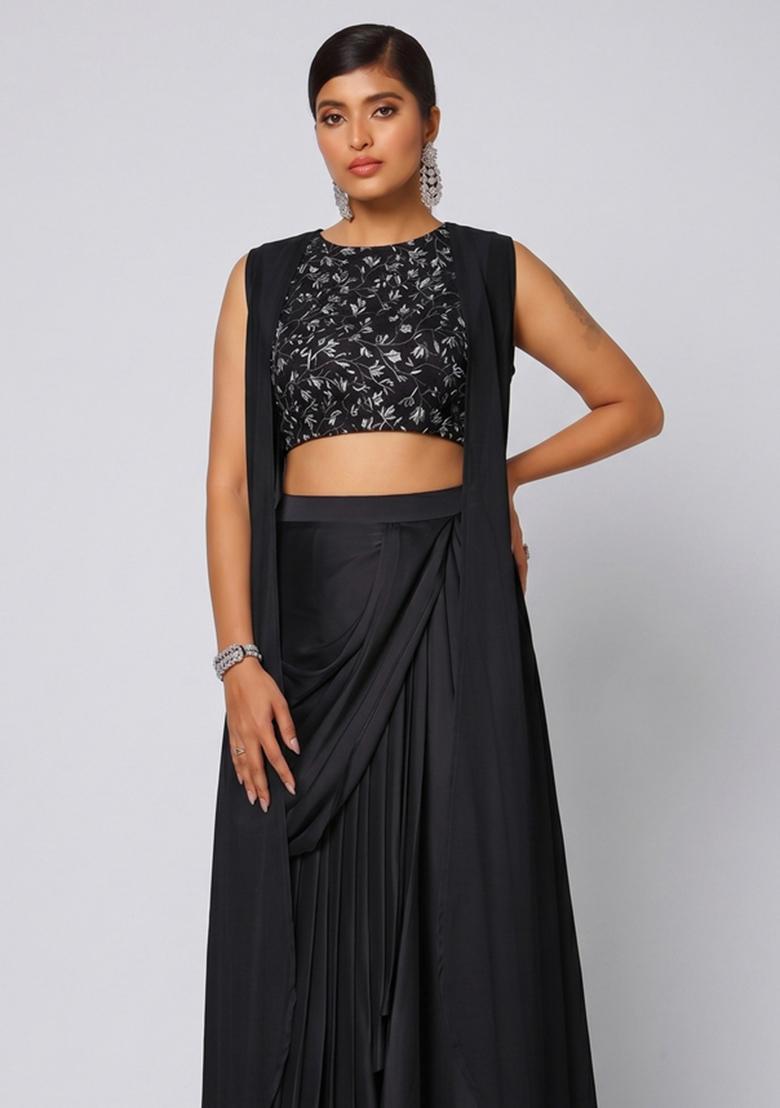 Black Embroidered Net Fusion Set - Indya