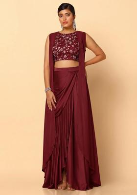 Maroon Embroidered Net Fusion Set