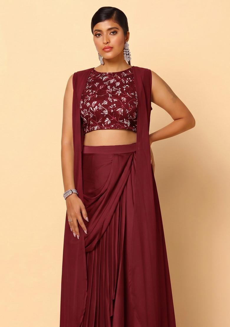 Maroon Embroidered Net Fusion Set - Indya