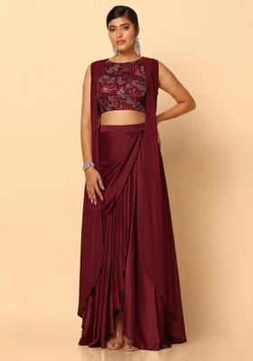 Deep Red Embroidered Net Fusion Set