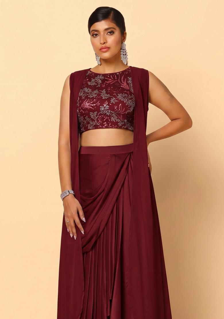 Deep Red Embroidered Net Fusion Set - Indya