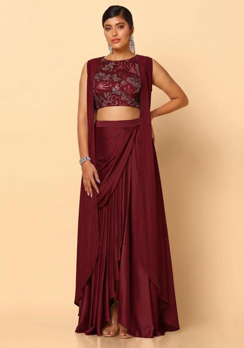 Deep Red Embroidered Net Fusion Set