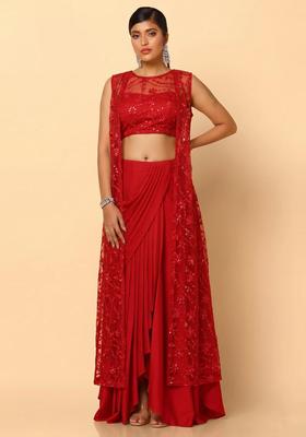 Crimson Red Embroidered Net Fusion Set