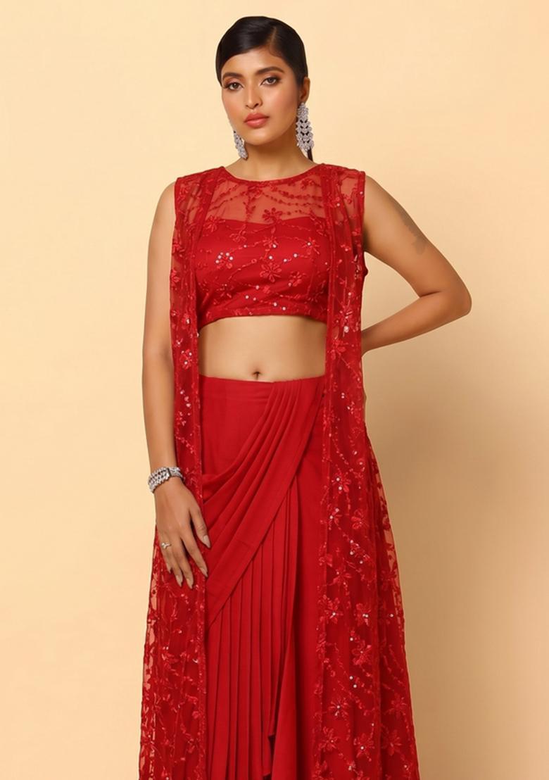 Crimson Red Embroidered Net Fusion Set - Indya