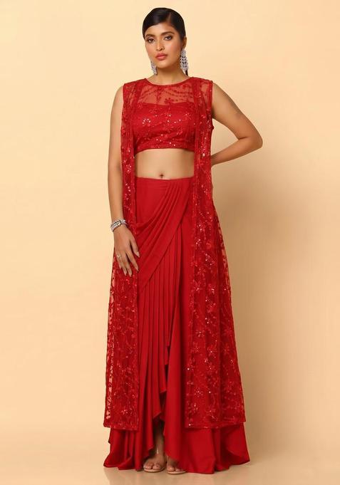 Crimson Red Embroidered Net Fusion Set