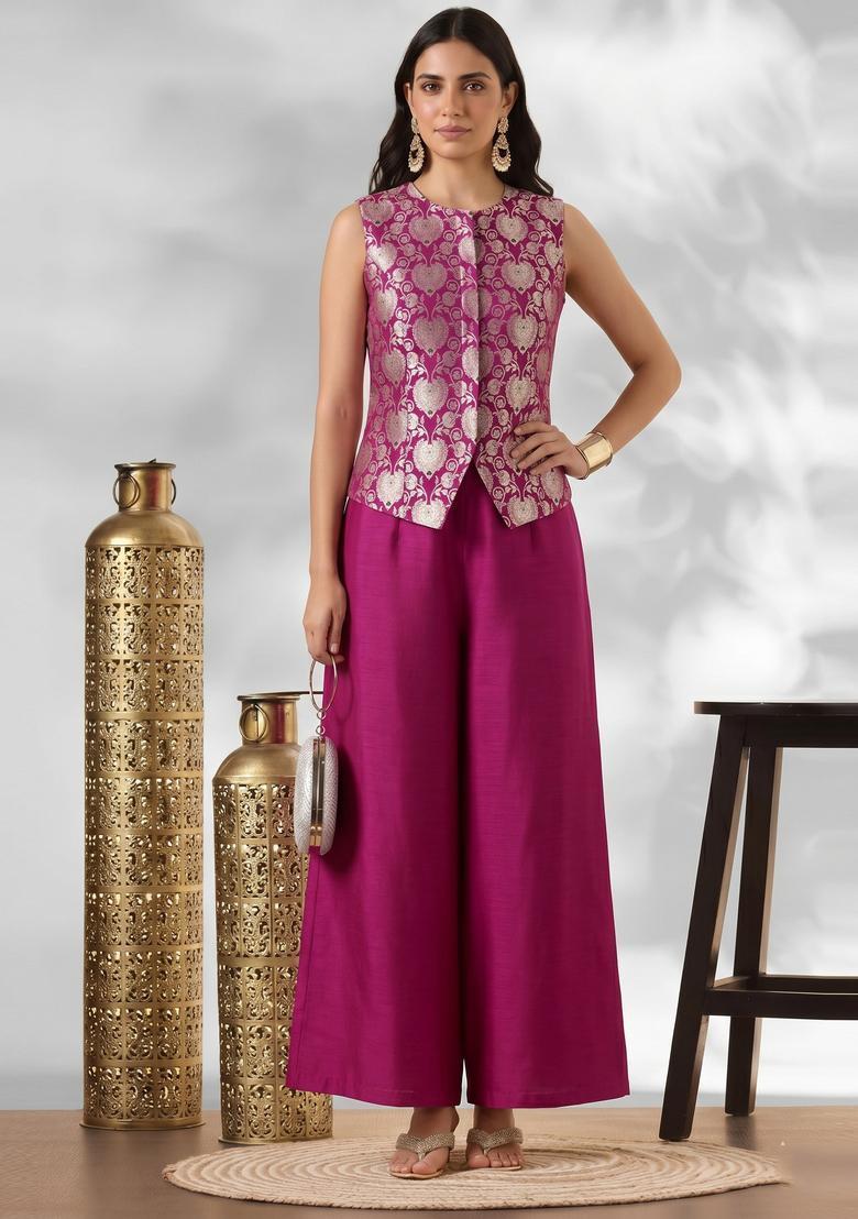 Magenta Embroidered Silk Blend Fusion Set - Indya