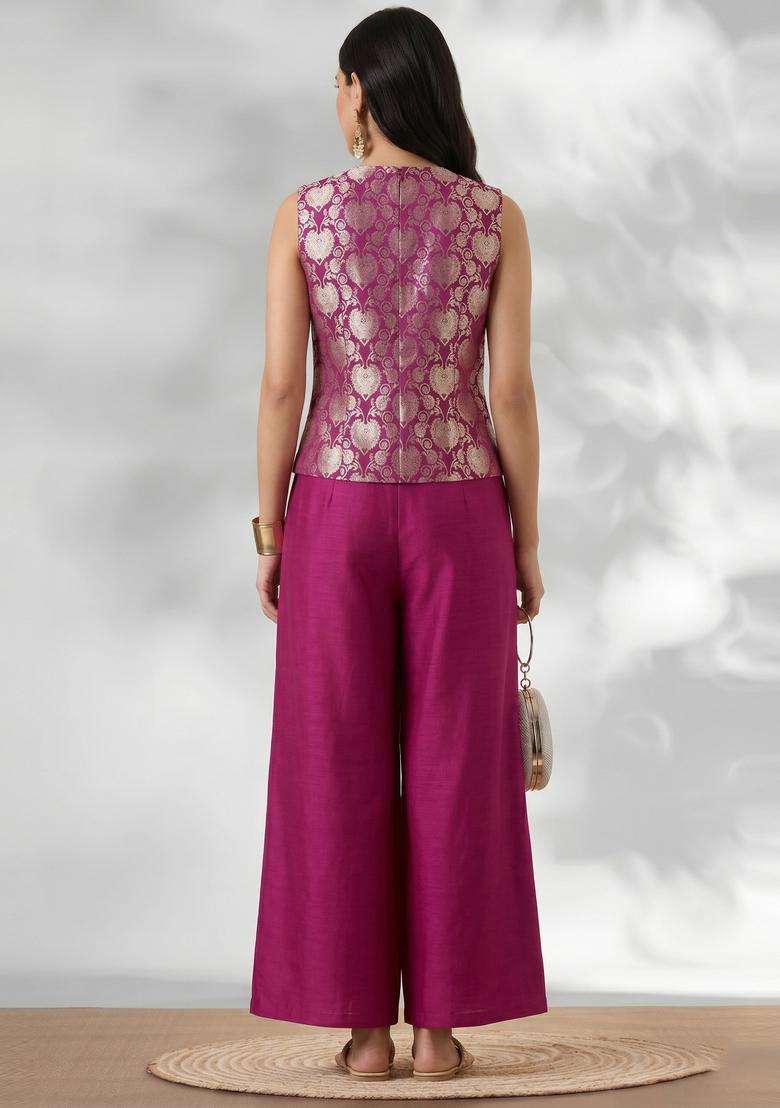 Magenta Embroidered Silk Blend Fusion Set - Indya