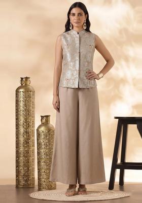 Beige Embroidered Silk Blend Fusion Set