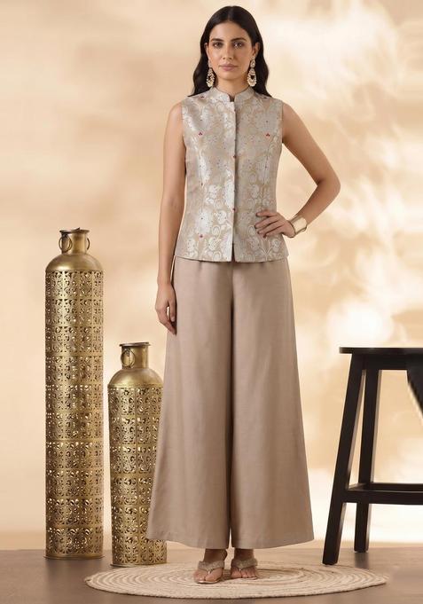 Beige Embroidered Silk Blend Fusion Set