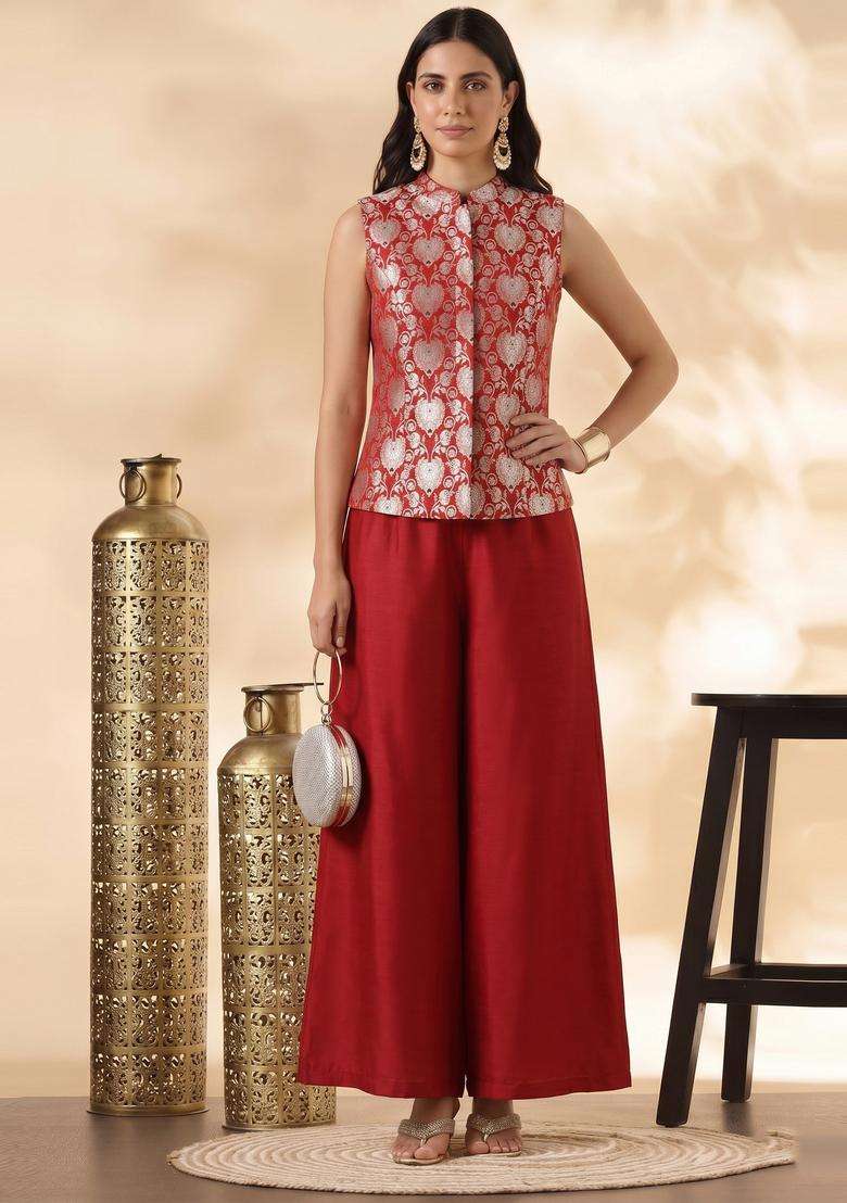Crimson Red Embroidered Silk Blend Fusion Set - Indya