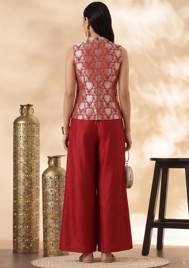Crimson Red Embroidered Silk Blend Fusion Set - Indya