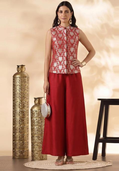 Crimson Red Embroidered Silk Blend Fusion Set