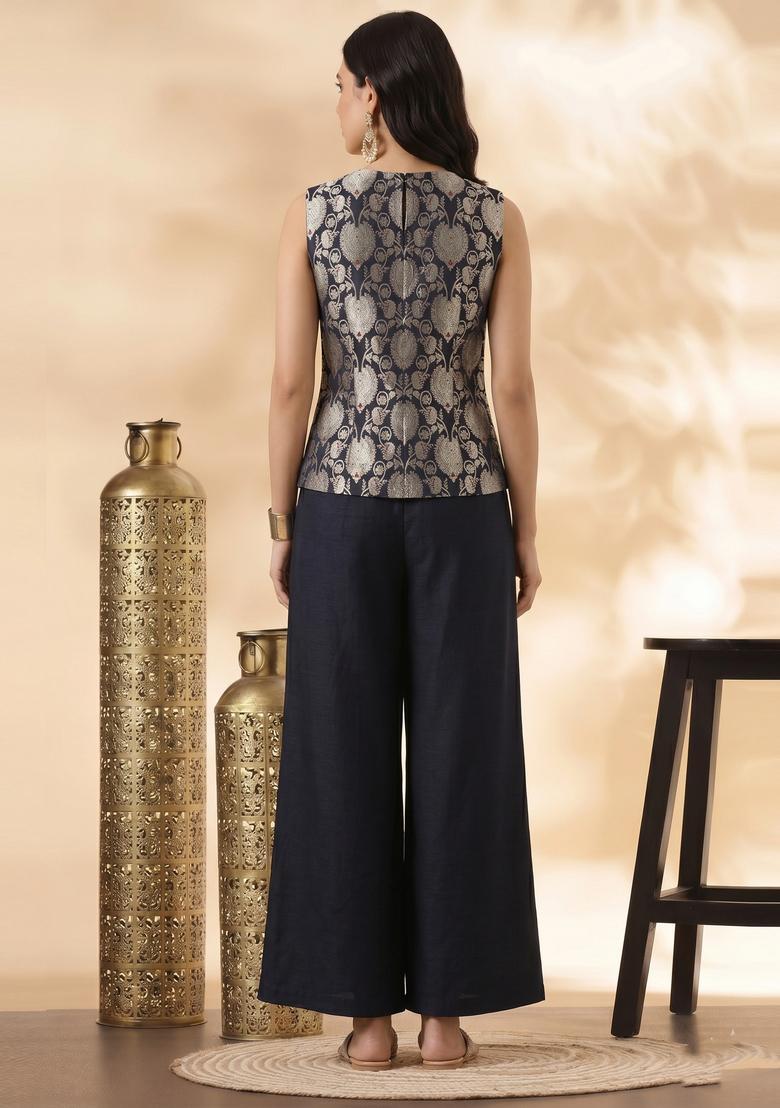 Black Embroidered Silk Blend Fusion Set - Indya