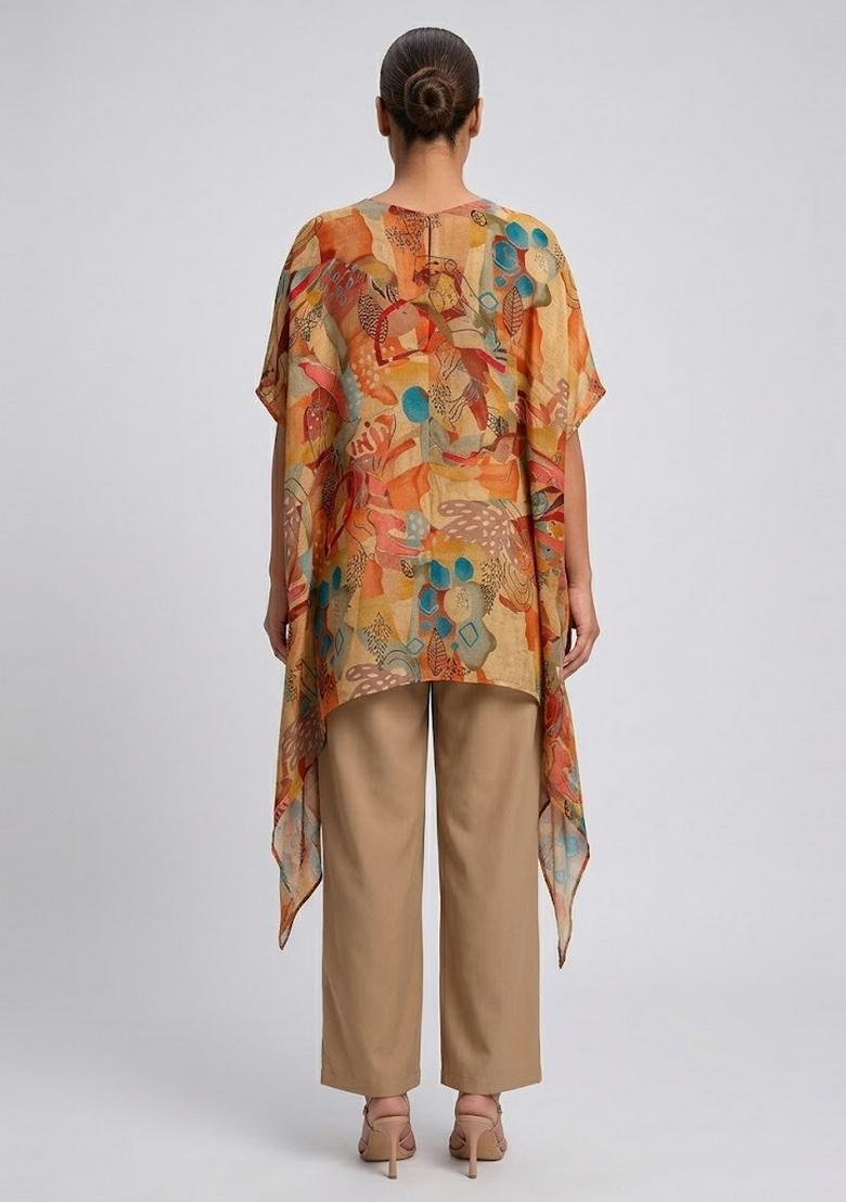 Beige Printed Crepe Fusion Set - Indya