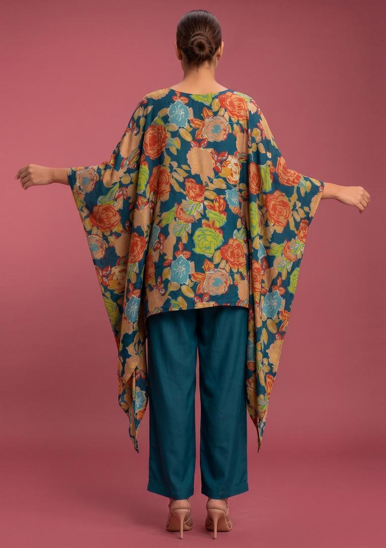 Teal Printed Crepe Fusion Set - Indya