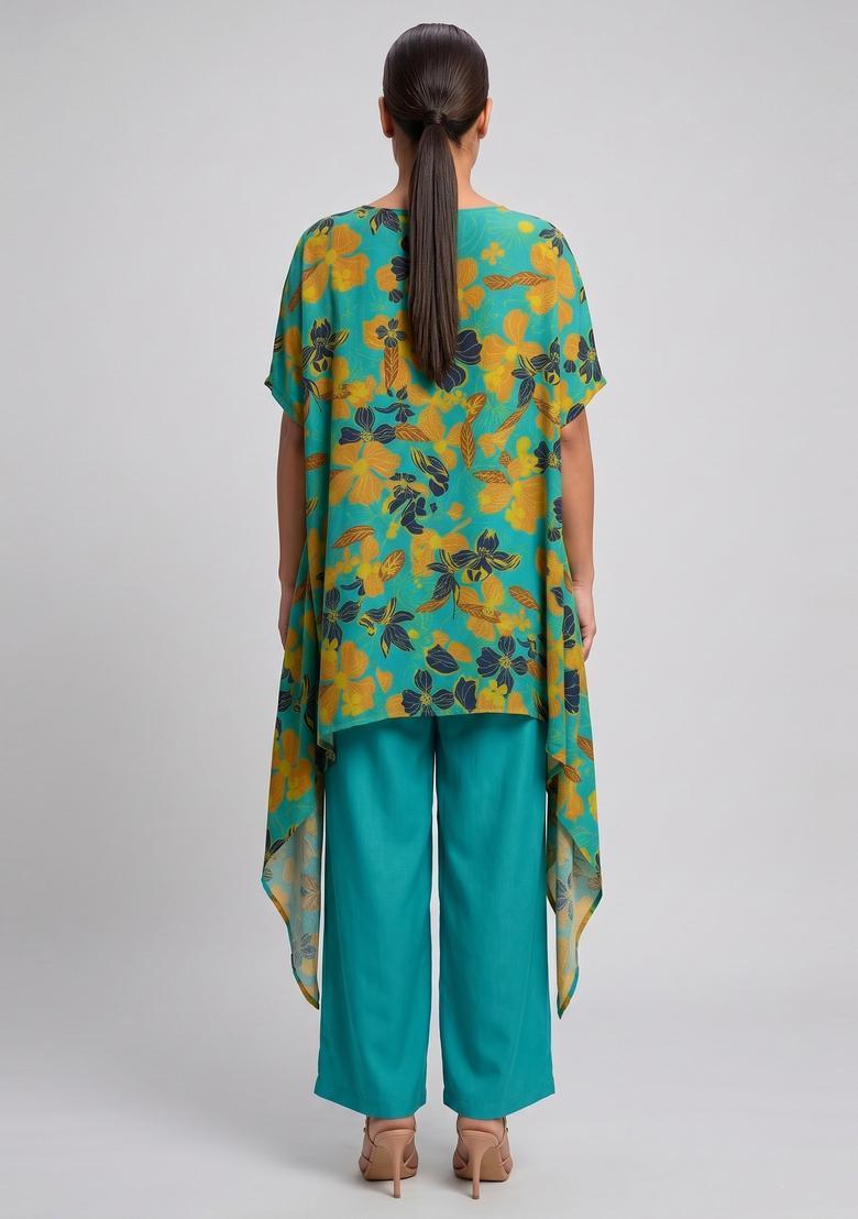 Blue Printed Crepe Fusion Set - Indya