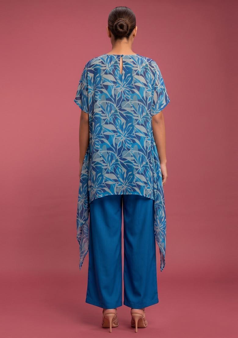 Royal Blue Printed Crepe Fusion Set - Indya