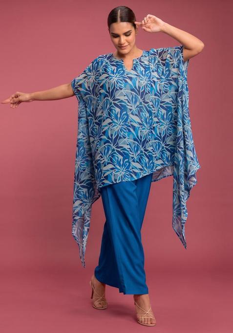 Royal Blue Printed Crepe Fusion Set