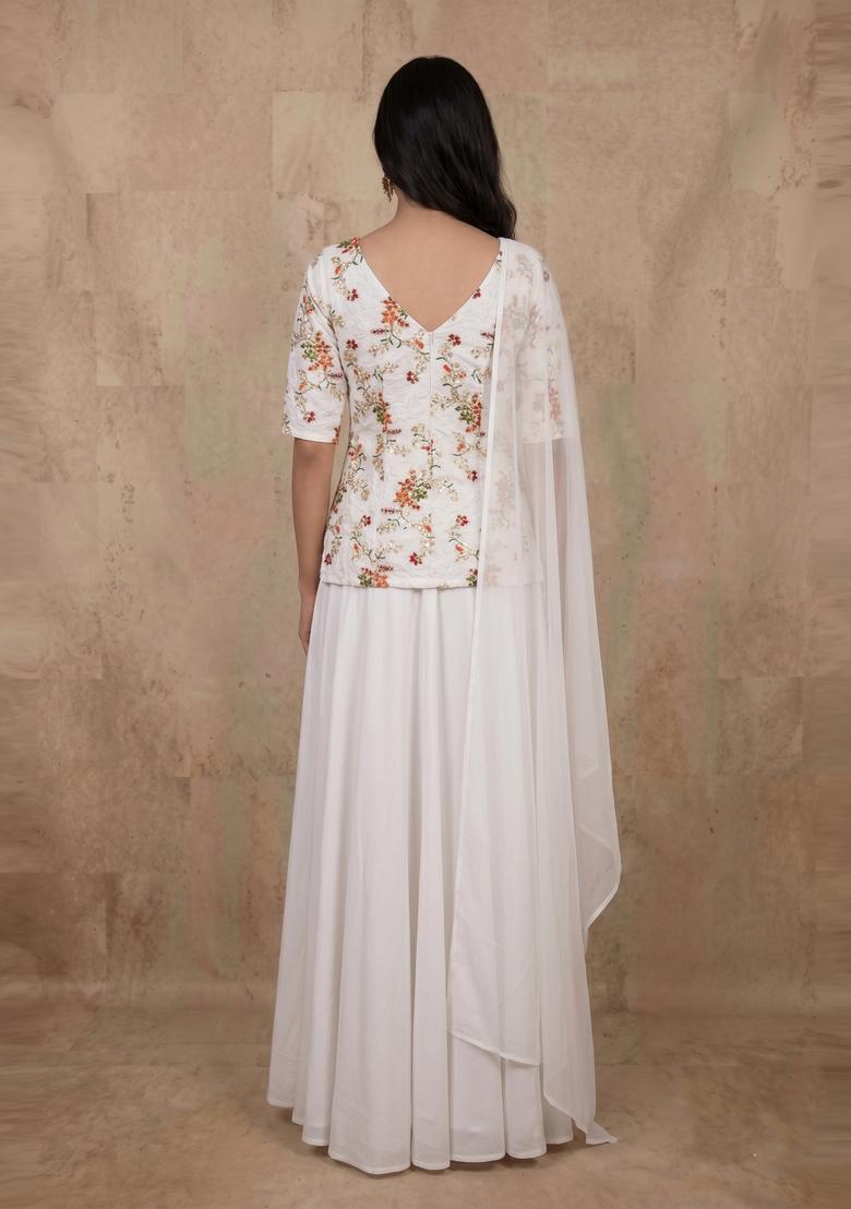 Off White Embroidered Crepe Fusion Set - Indya