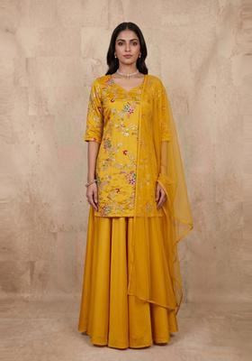 Mustard Embroidered Crepe Fusion Set