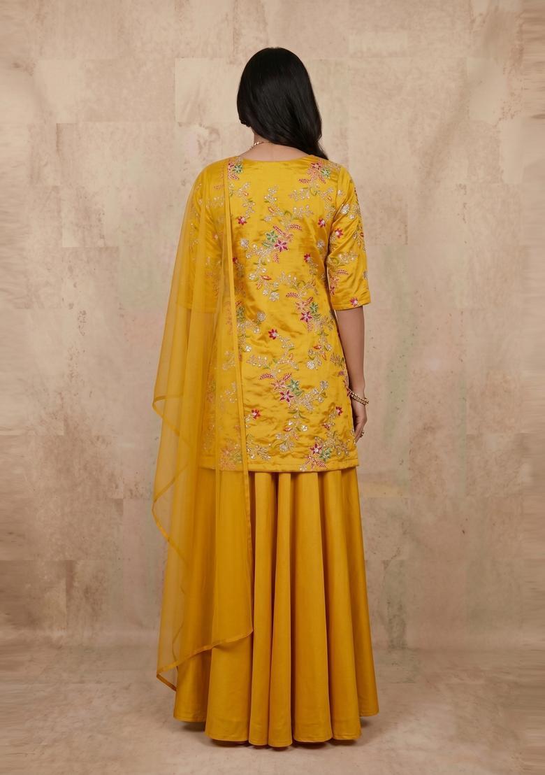 Mustard Embroidered Crepe Fusion Set - Indya