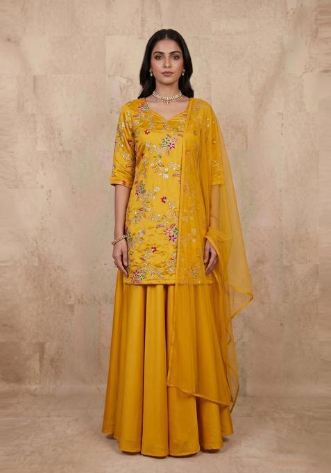 Mustard Embroidered Crepe Fusion Set