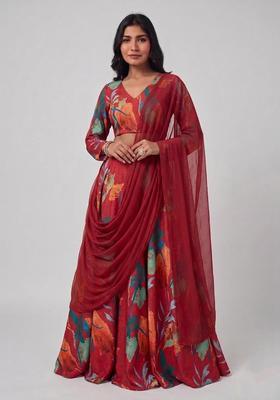Maroon Printed Crepe Lehenga Set