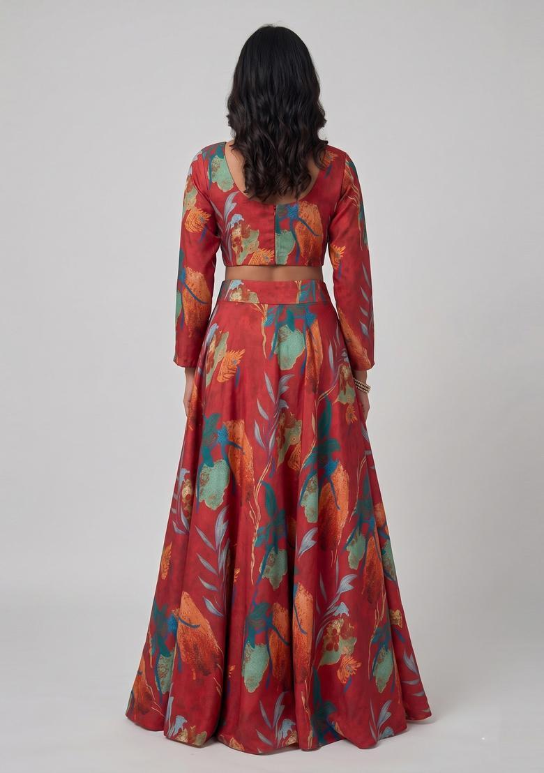 Maroon Printed Crepe Lehenga Set - Indya