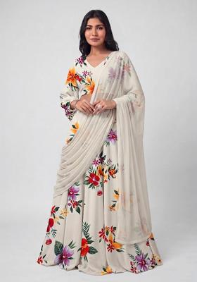 Off White Printed Crepe Lehenga Set