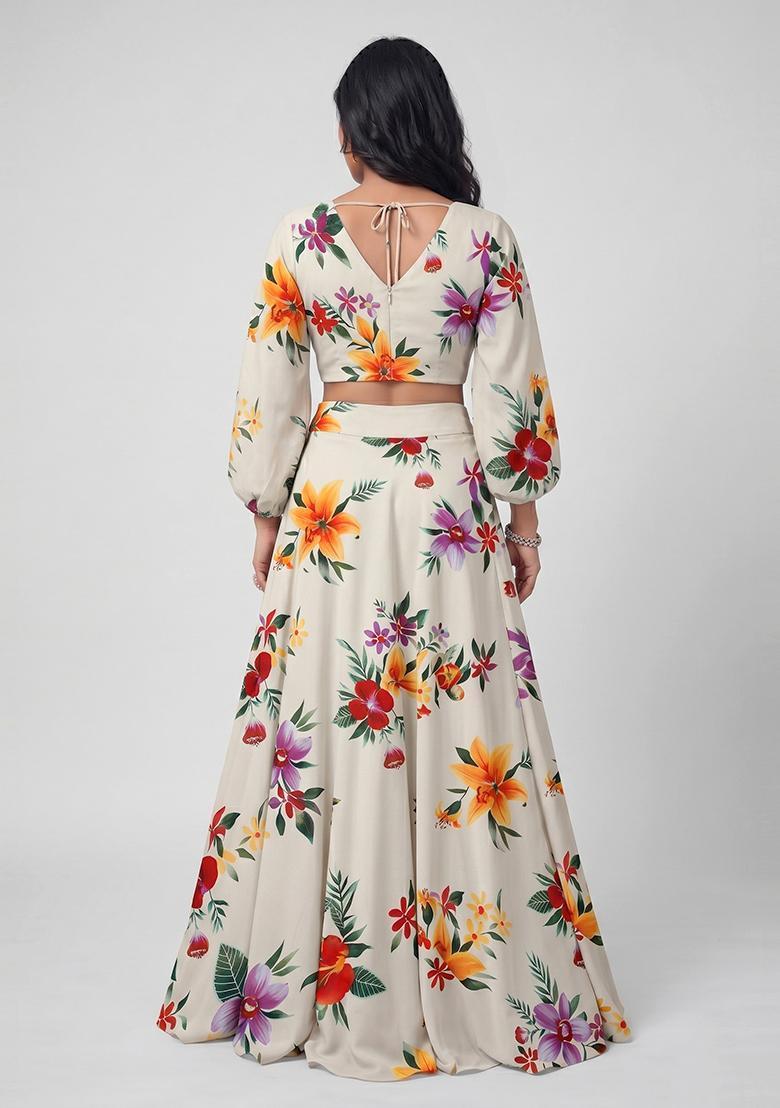 Off White Printed Crepe Lehenga Set - Indya