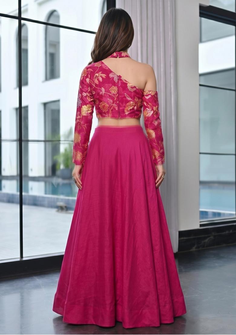 Magenta Embroidered Organza Lehenga Set - Indya