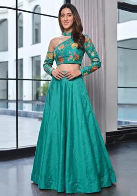 Teal Green Embroidered Organza Lehenga Set