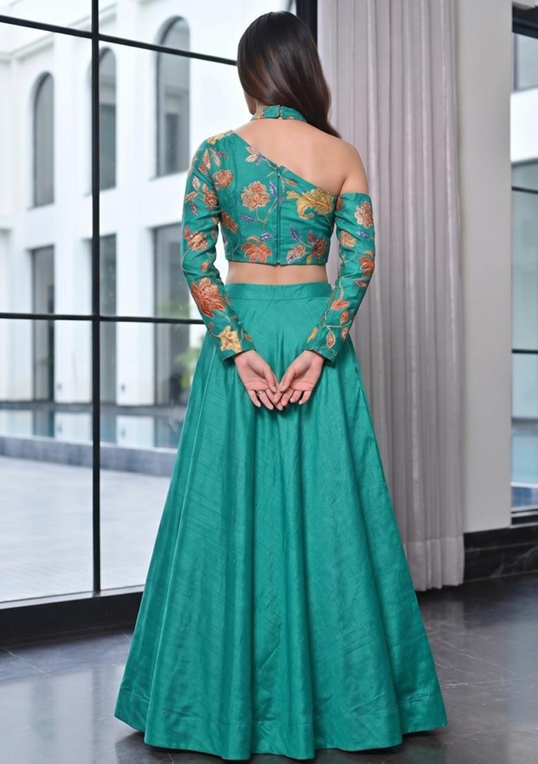 Teal Green Embroidered Organza Lehenga Set - Indya