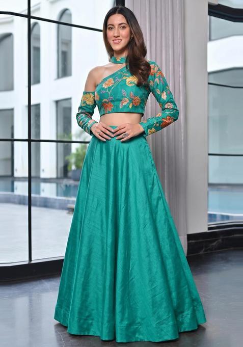 Teal Green Embroidered Organza Lehenga Set