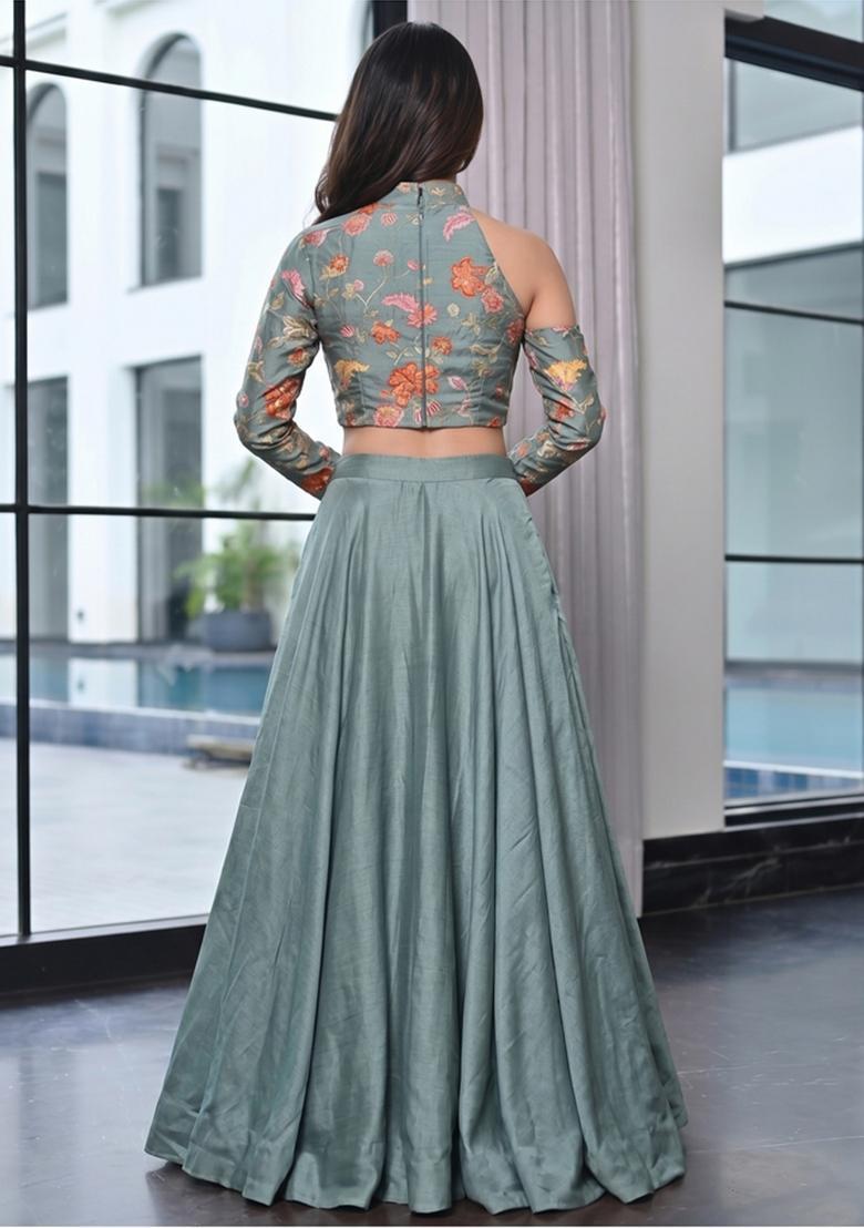 Teal Embroidered Organza Lehenga Set - Indya