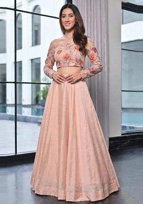 Peach Embroidered Organza Lehenga Set