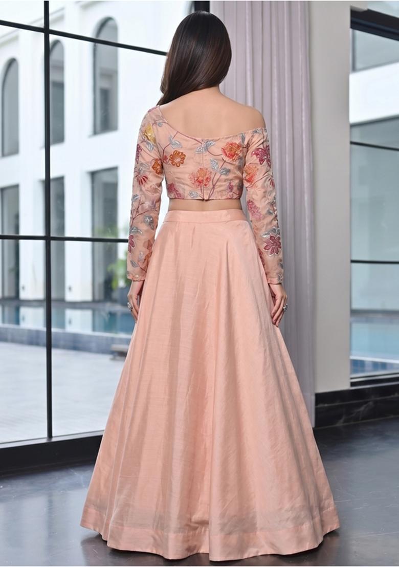 Peach Embroidered Organza Lehenga Set - Indya
