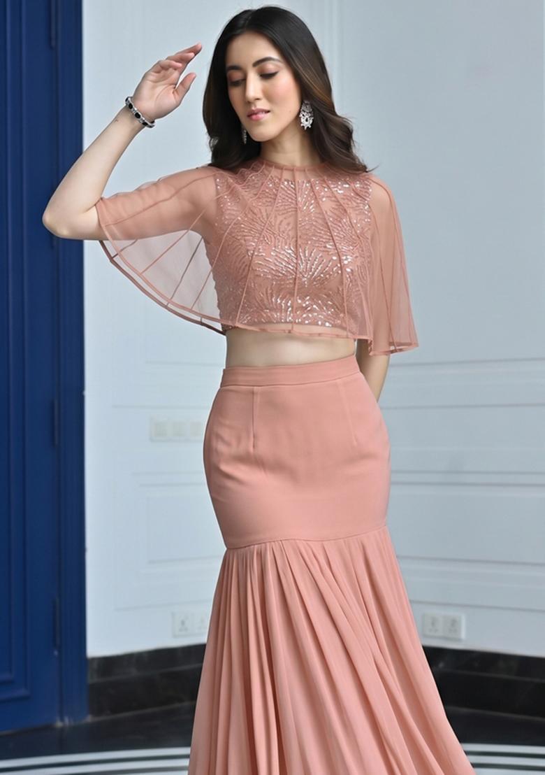Peach Sequin Net Lehenga Set - Indya