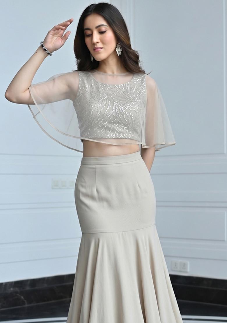 Beige Sequin Crepe Lehenga Set - Indya