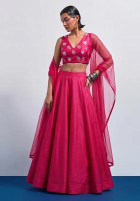 Pink Embroidered Silk Blend Lehenga Set