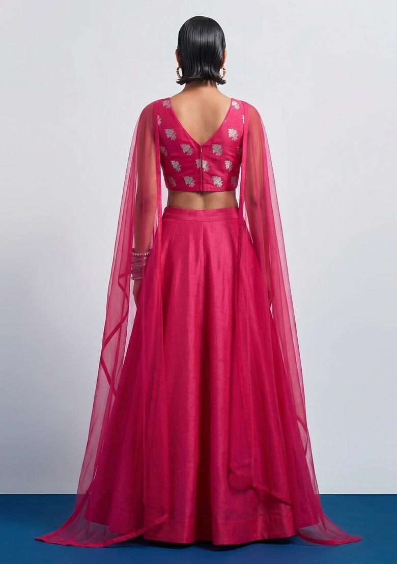Pink Embroidered Silk Blend Lehenga Set - Indya