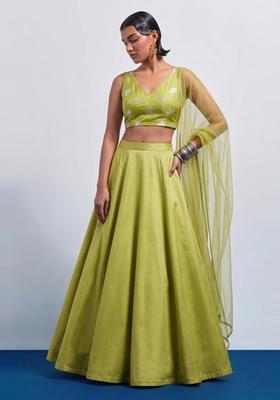 Olive Green Embroidered Silk Blend Lehenga Set