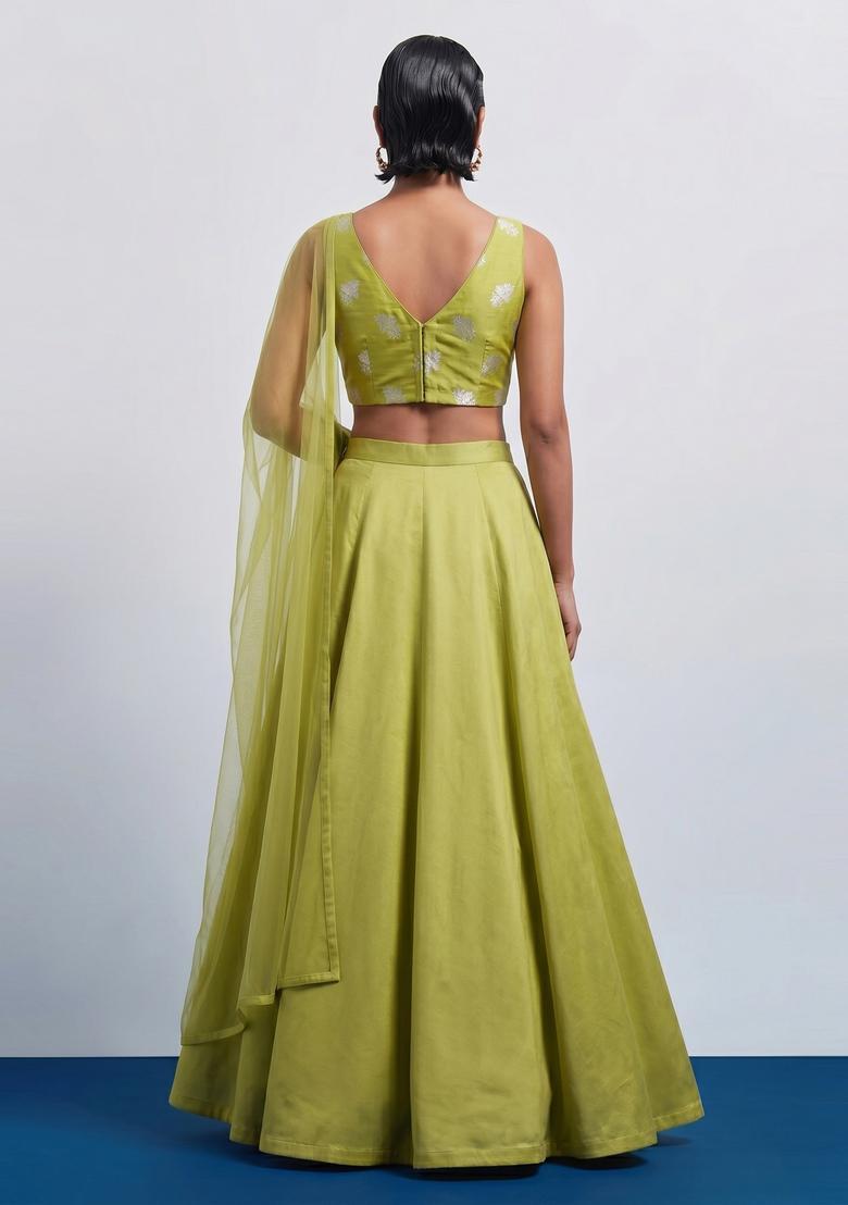 Olive Green Embroidered Silk Blend Lehenga Set - Indya