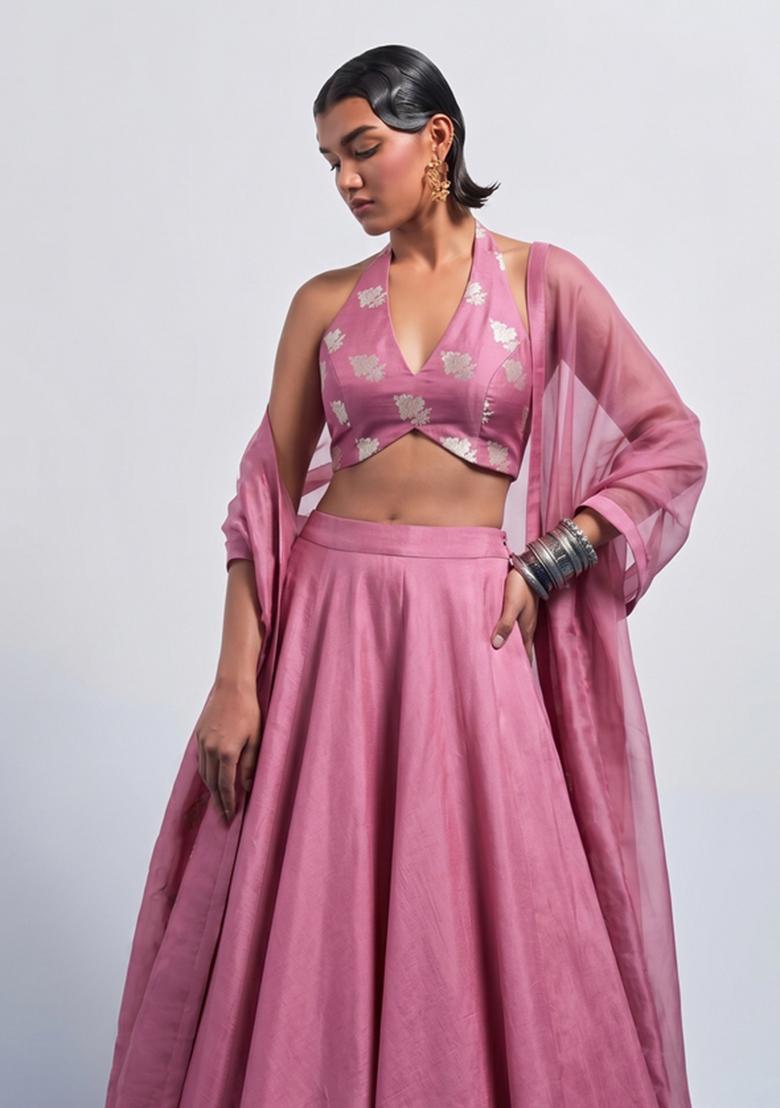 Dusty Pink Embroidered Silk Blend Lehenga Set - Indya