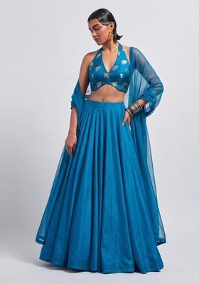 Teal Blue Embroidered Silk Blend Lehenga Set