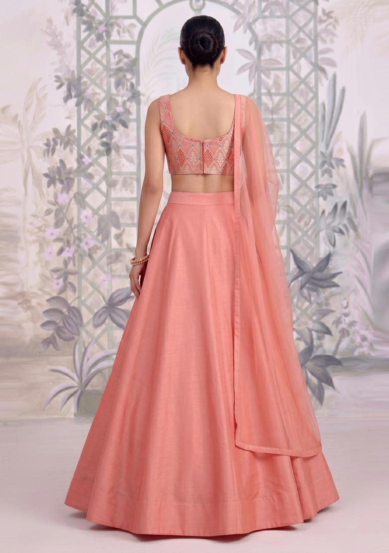 Peach Embroidered Silk Blend Lehenga Set - Indya