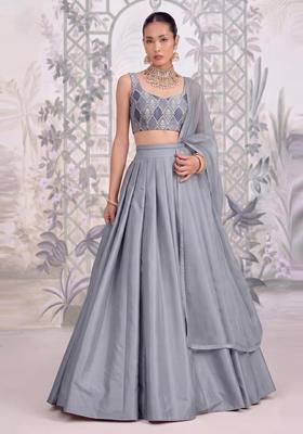 Silver Embroidered Silk Blend Lehenga Set