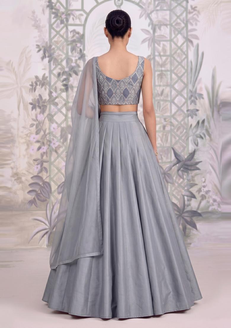 Silver Embroidered Silk Blend Lehenga Set - Indya