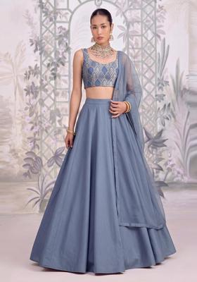 Grey Embroidered Silk Blend Lehenga Set
