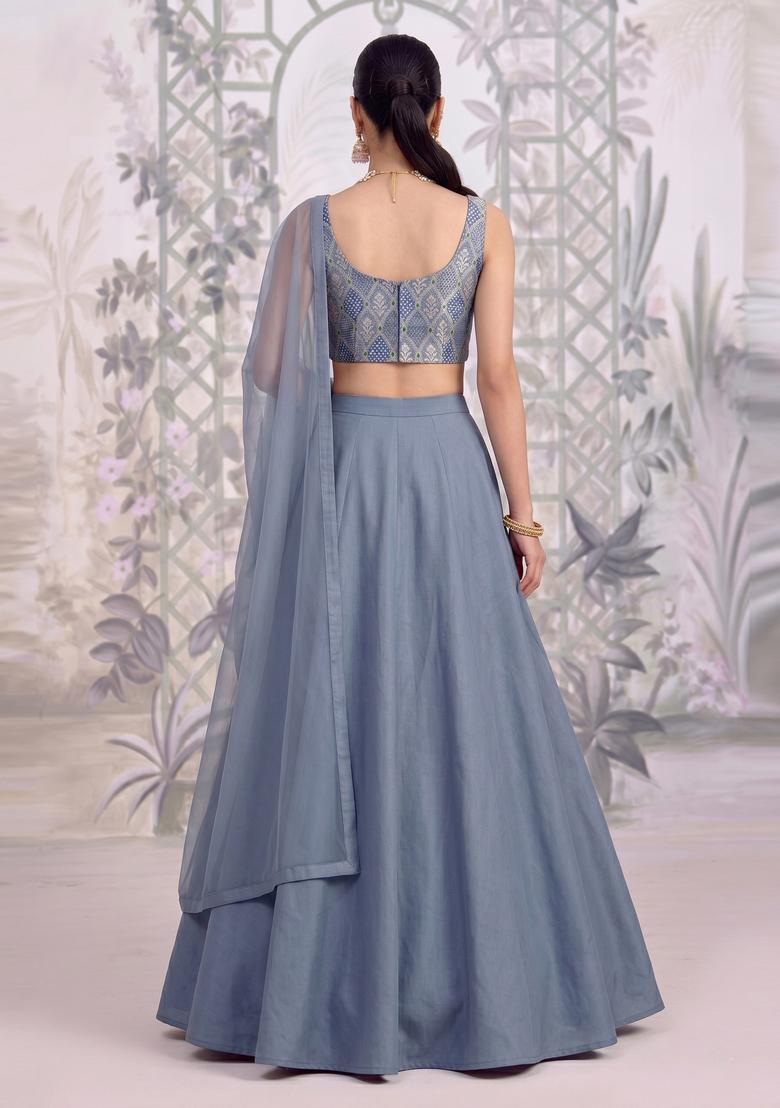 Grey Embroidered Silk Blend Lehenga Set - Indya